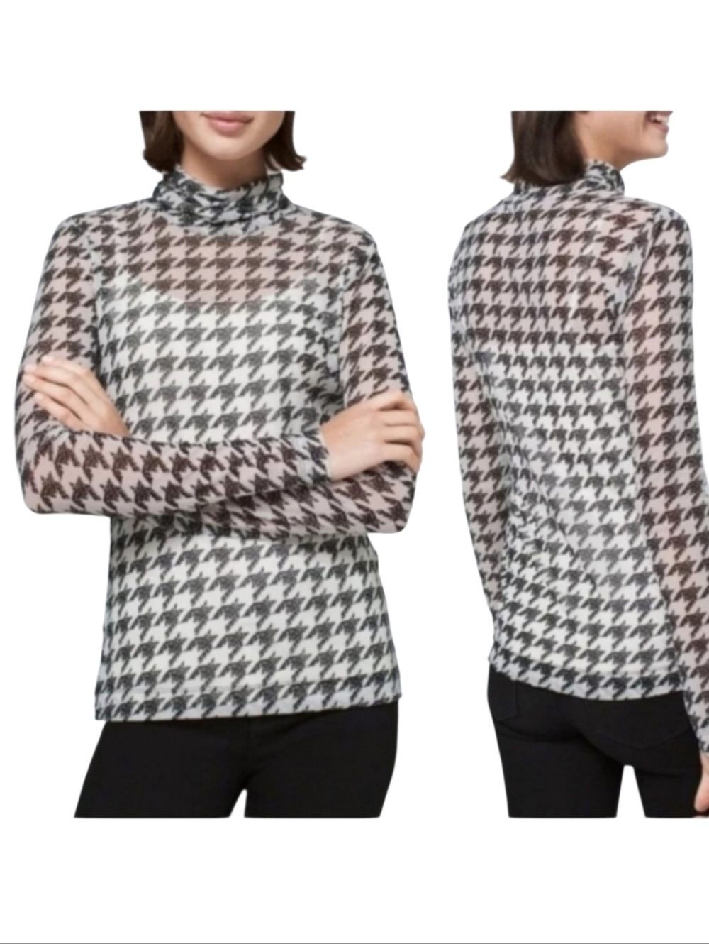 White House Black Market Mesh Long Sleeve Houndstooth Turtleneck Women's Large